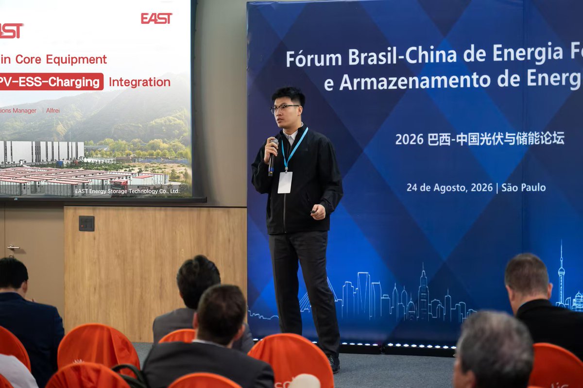 EVcharging01's tweet photo. East Group participated in the 2026 BrazilChina PV and Energy Storage Forum in São Paulo.

We delivered a keynote speech titled “Empowering Equipment Innovation & Building an Integrated PV-Storage-Charging Ecosystem”
We exchanged insights with industry leaders on Brazil’s renewableenergy roadmap and global energy transition. Backed by 37-year expertise in digital energy, East provides onestop PV inverter, energy storage and smart charging solutions for the LatinAmerican market.

For more cooperation opportunities, please contact us
📭Email:zhny@eastups.com
☎️Tel No.:+86-769-22897777-8313
🪩Website: https://t.co/v1SgtNZJ5s
#EastGroup #EnergyTransition #PVStorage #RenewableEnergy