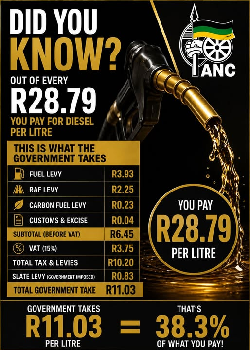Mufasa0062's tweet photo. The ANC takes 38.3% for every litre you fill up. You do the sums. https://t.co/BiMj1cJgky