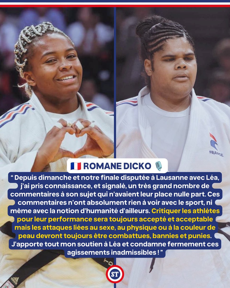 sportricolore's tweet photo. 🇫🇷 Romane Dicko au soutien de Léa Fontaine, victime de grossophobie sur les réseaux sociaux suite à sa victoire au GP de Lausanne ❤️

« Le judo est un parfait exemple d’inclusivité et rien ne devrait arrêter cette représentation de chacune et chacun, quels que soient les physiques » 🥋

Concurrentes mais solidaires 👏

📸 IJF