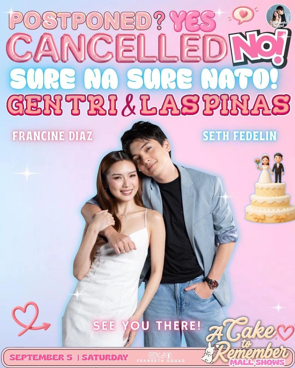 fransethsquad_'s tweet photo. 𝗡𝗢𝗧𝗛𝗜𝗡𝗚 𝗖𝗔𝗡 𝗦𝗧𝗢𝗣 𝗨𝗦 𝗡𝗢𝗪!

Tuloy na tuloy na mga suki! Kita-kits tayo sa MallShows

𝗦𝗘𝗣𝗧𝗘𝗠𝗕𝗘𝗥 𝟱, 𝗦𝗔𝗧𝗨𝗥𝗗𝗔𝗬 

4PM | Robinsons Gen Trias
6PM | Robinsons Las Piñas

𝗔𝗯𝗮𝗻𝗴𝗮𝗻 𝘀𝗶𝗹𝗮 𝗮𝗻𝗱  𝘀𝗲𝗲 𝘆𝗼𝘂 𝘁𝗵𝗲𝗿𝗲, 𝗖𝗹𝗼𝘂𝗱𝗶𝗲𝘀!💙☁️

#FranSeth | #ACakeToRemember