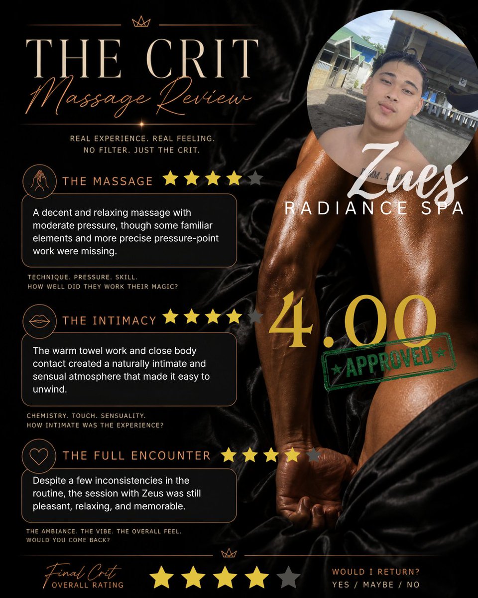 YourCritReview's tweet photo. Back with @ArjayZues of @Radiance_banawe
… and let’s just say the “Loco” part of the massage wasn’t the only thing that got my attention. 😏🔥 Some moments had me forgetting I was there for the massage. Full review here.
#MassageReview
#AlterMassage https://t.co/KLBOpQFgUg