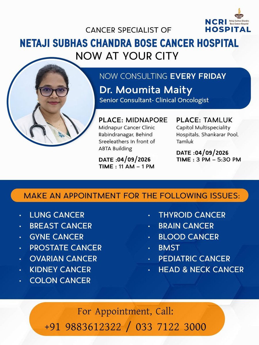 NCRI_Hospital's tweet photo. Cancer Specialist from Netaji Subhas Chandra Bose Cancer Hospital, Kolkata now at Midnapur and Tamluk.
Consult with Dr. Moumita Maity - Senior Consultant - Clinical Oncologist. 

Book Appointment at +91 9883612322 / 033 7122 3000
#OPD #OncologyCare #NCRICancerHospital https://t.co/ABwXrRrTCC