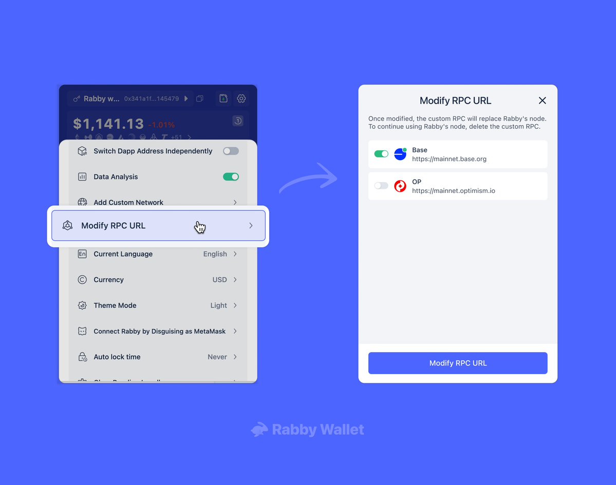 Rabby_io's tweet photo. Custom RPC configuration is now available on Rabby Extension. https://t.co/vC0nCs3W6b