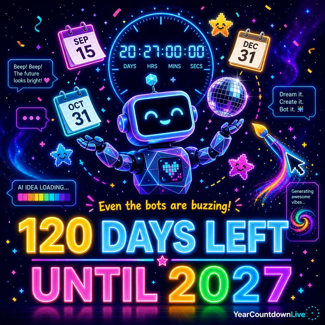 GlobalYearLive's tweet photo. AI has plenty of ideas, but our favorite prompt is still: “Countdown to 2027.” ✨ 120 days left! #YearCountdownLive #CountdownTo2027 https://t.co/O99jghuJq1
