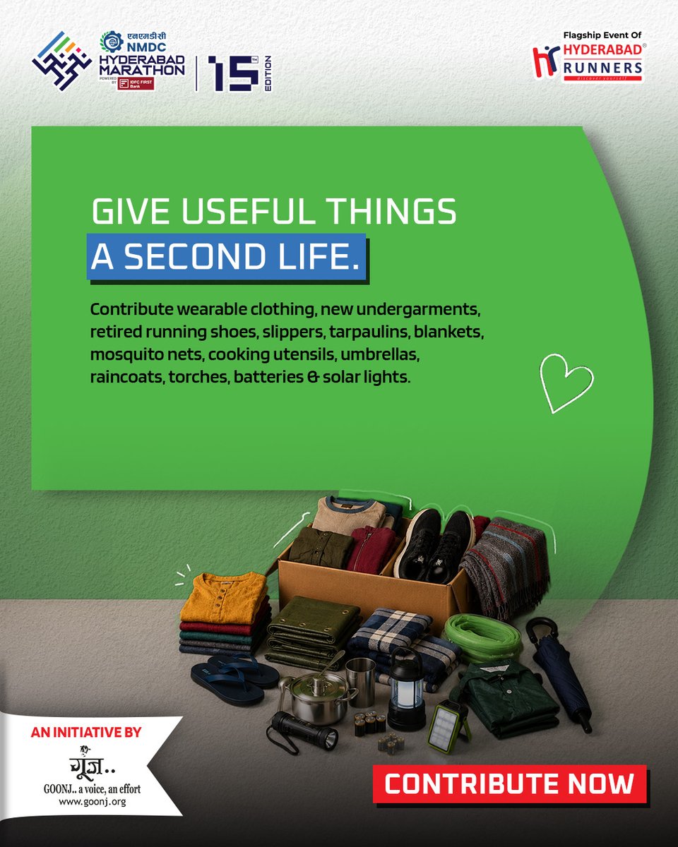 SalinaSabhoqa's tweet photo. Every contribution matters. At the NMDC Hyderabad Marathon, support Goonj’s RAHAT disaster relief initiative by donating clothing, footwear, school supplies, toys, food and hygiene essentials. HITEX Parking Ground
28–29 August | 10 AM–6 PM https://t.co/va1ZdvxX8h