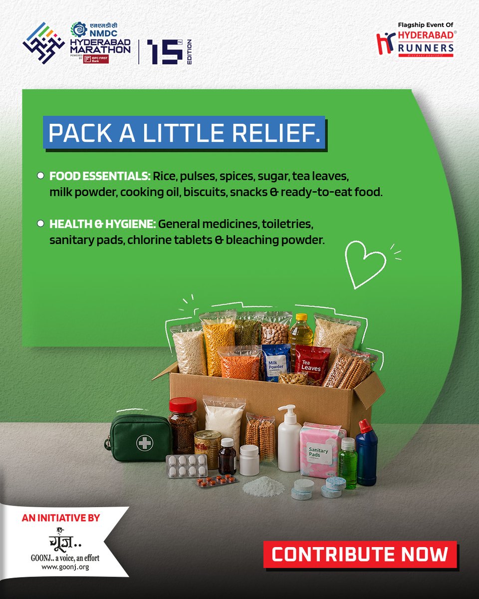 SalinaSabhoqa's tweet photo. Every contribution matters. At the NMDC Hyderabad Marathon, support Goonj’s RAHAT disaster relief initiative by donating clothing, footwear, school supplies, toys, food and hygiene essentials. HITEX Parking Ground
28–29 August | 10 AM–6 PM https://t.co/va1ZdvxX8h