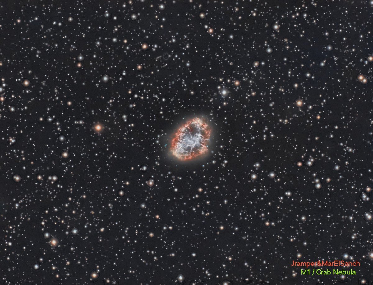 JPRamonPerez's tweet photo. La nebulosa del Cangrejo (también llamada M1, NGC 1952, Taurus A y X-1) es un resto de supernova tipo Plerión. Es el resto de la supernova SN 1054, observada y documentada como estrella visible a la luz del día por astrónomos chinos y árabes en Julio 1054,  visible por 22 meses. https://t.co/scosKZdw7C