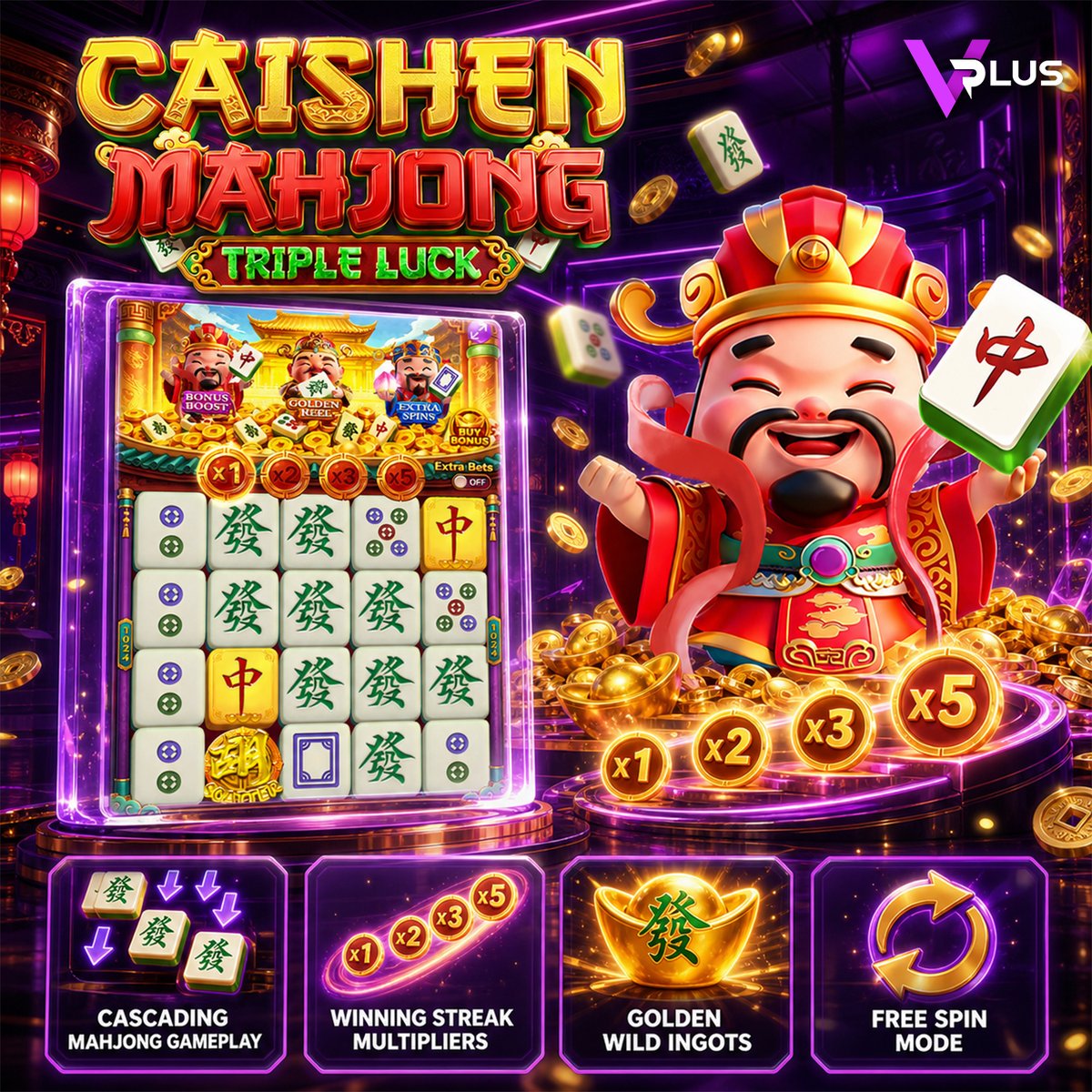 VPlusGaming's tweet photo. 🀄 Caishen Mahjong: Triple Luck

🔄 Cascading Mahjong gameplay
📈 Winning streak multipliers
✨ Golden Wild Ingots
🎯 Free Spin mode

#VPLUS #CaishenMahjong #iGaming https://t.co/xb4WFEQD6F