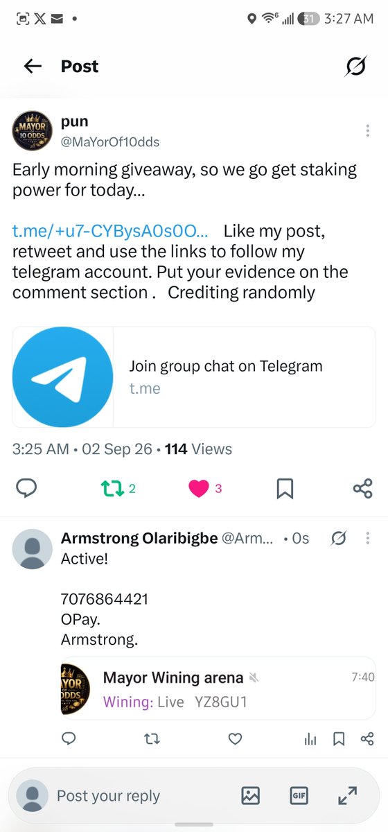 ArmstrongO2109's tweet photo. @MaYorOf10dds Woah. I did mine first, bruv.

7076864421
OPay.
Armstrong. https://t.co/AmcHESWBWs