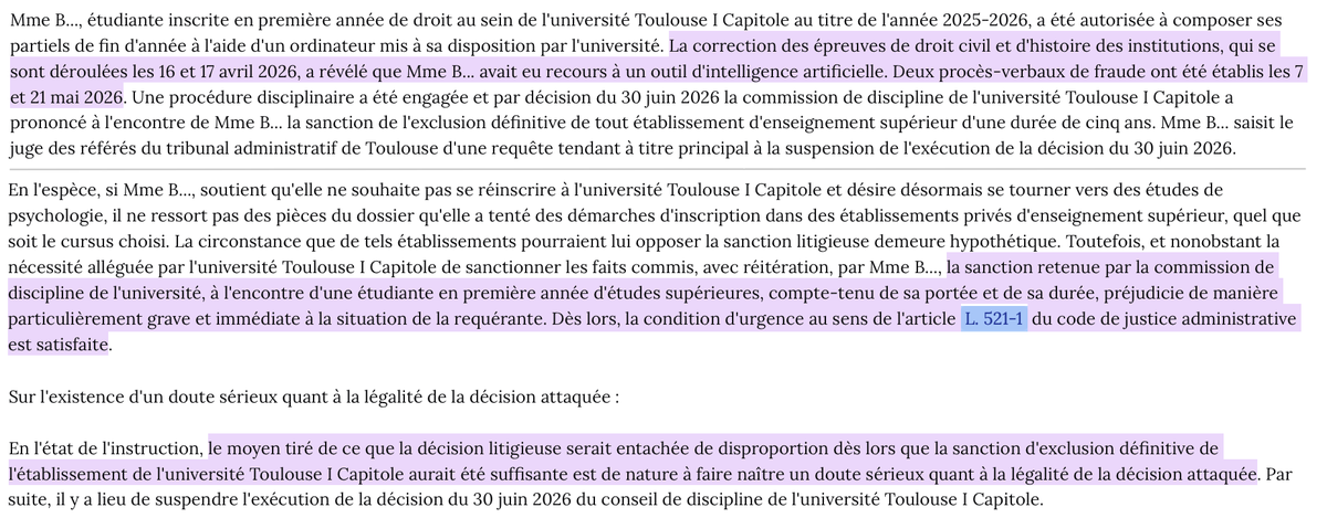 N_Hervieu's tweet photo. Université &amp; fraude par l'IA : En référé, l'exclusion (5 ans) d'une étudiante en droit est suspendue.

Autorisée à composer avec un ordinateur, elle a utilisé l'IA durant deux épreuves de partiel.

Mais le juge retient un "doute sérieux" sur la proportionnalité de la sanction... https://t.co/POJrehoT1i