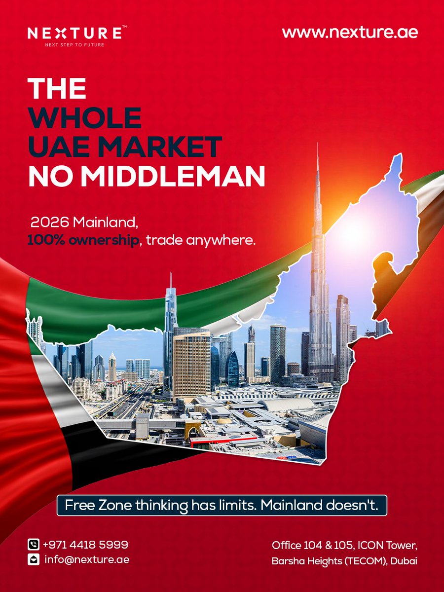 NextureServices's tweet photo. The whole UAE market. 100% ownership. Zero middlemen.
2026 mainland ownership means you're not just operating within limits. You're breaking through them. 

Free Zone thinking has limits. Mainland doesn't.

Your next step to future starts here.

#MainlandOwnership #UAEBusiness https://t.co/ROySVG3FoK