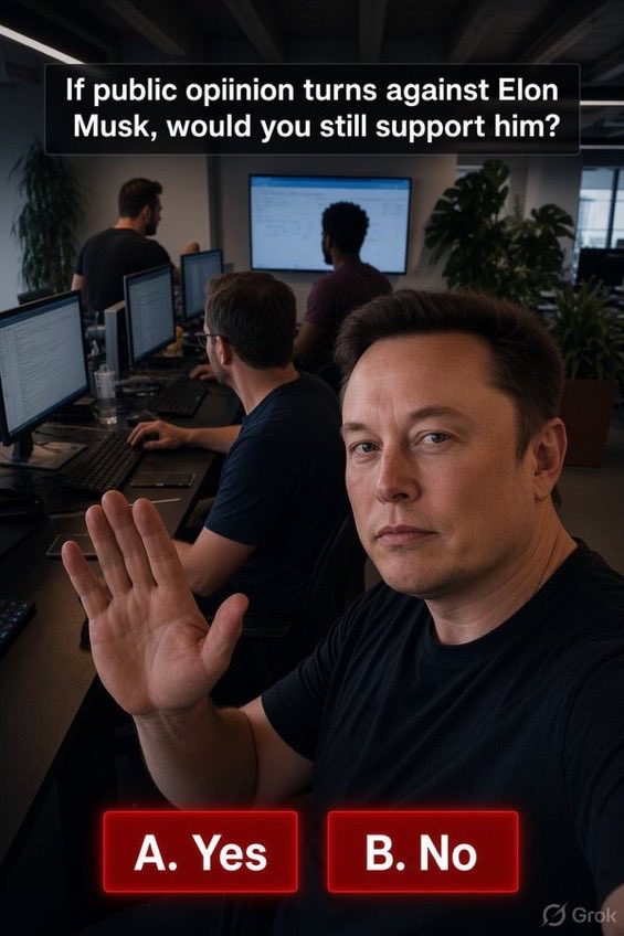ElonTrumpfx's tweet photo. Be honest.

If public opinion turns against Elon Musk, would you still support him?

A. Yes
B. No https://t.co/x7MYXOu0Jh