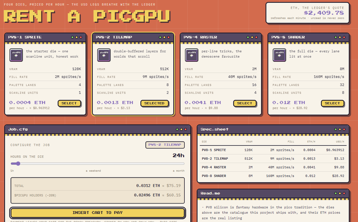 picoGPU's tweet photo. power is on at the picgpu bench

the bios runs a real POST: PICGPU PV8 BIOS, VRAM 128K OK, CART? ROBINHOOD

terracotta ground, gold pcb modules with pin strip headers, a tray quoting live btc & eth at the bottom

grab the hero board with your cursor and it tilts in 3D like the card is sitting in your hand

running on Robinhood chain, $PICGPU