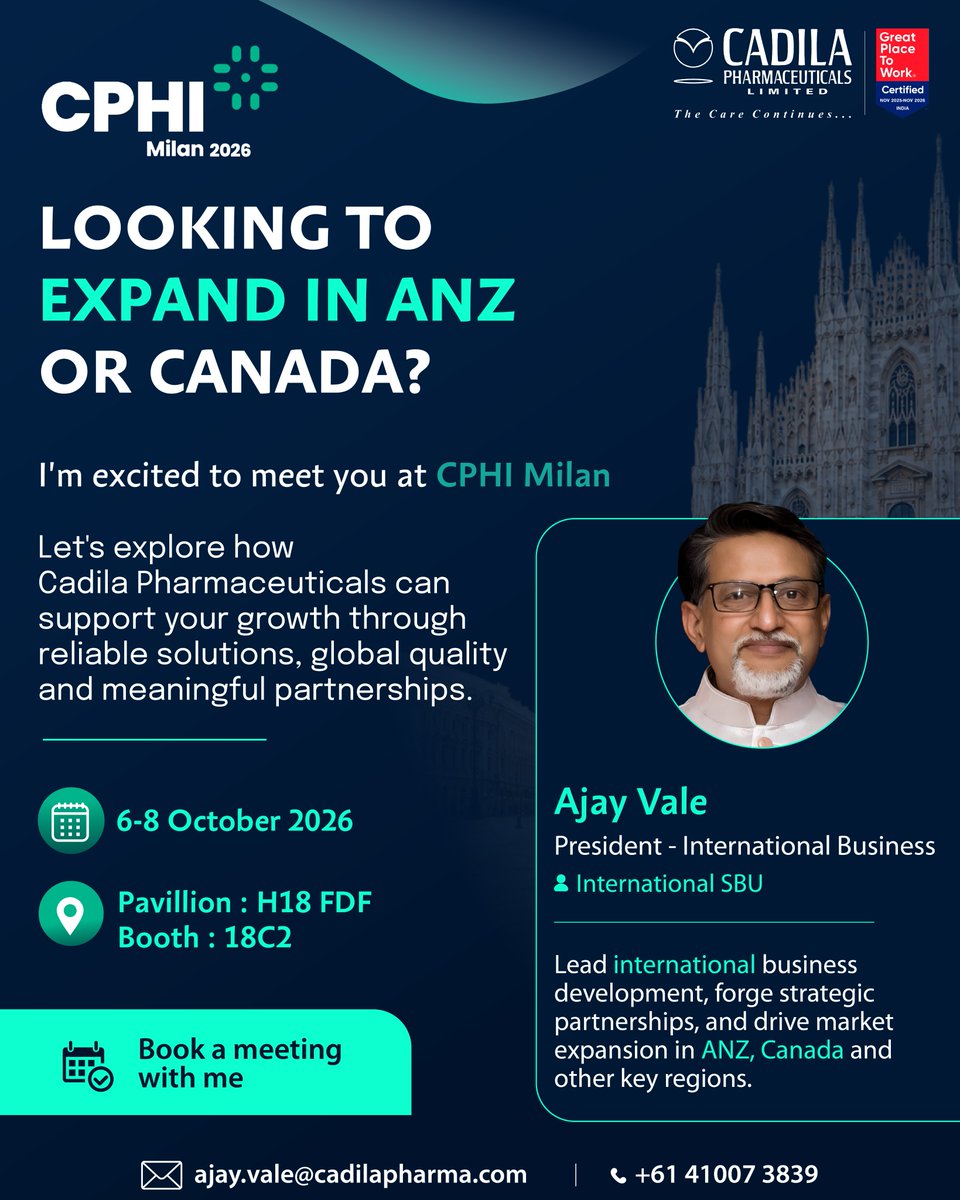 Cadila_Pharma's tweet photo. Looking to expand in #ANZ or #Canada? ๐
Meet Ajay Vale, President โ International Business, Cadila Pharmaceuticals, at #CPhIMilan2026, 6โ8 Oct, Booth 18C2.
Letโs connect, collaborate and explore #globalpharma opportunities.
#CadilaPharmaceuticals #CDMO #cmo #API #ISBU #CSBU https://t.co/b2B2tmZ4gP