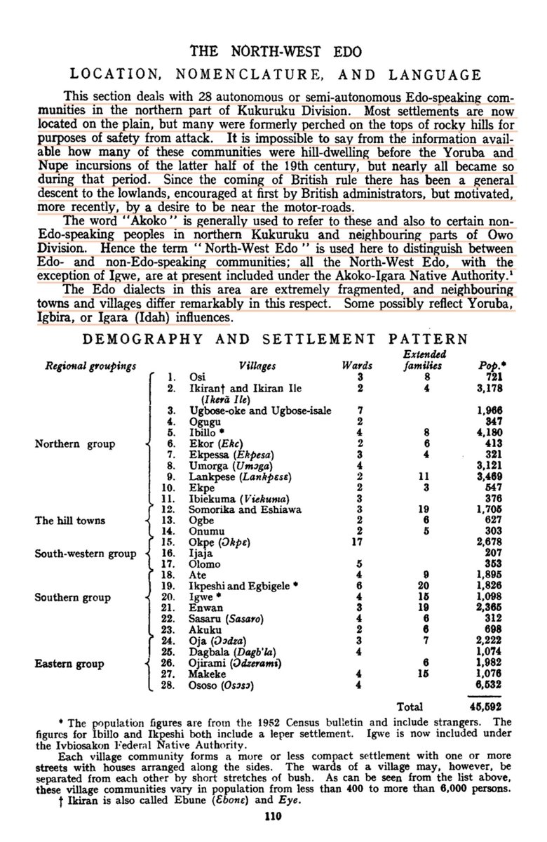 Edocentric_'s tweet photo. Akoko èdó a unitary term used in referring to a group of segmented edoid group in the north western èdó region. This part remains one of the most dialectical segment territory occupied mainly by èdó speakers. 

Are Akoko ɛdo yorubiod or part of the larger yoruba ethnic group ? 

- Based on the willink parliamentary report,c.1958 it's noted that the akoko edo people are collection of tribes that though they might speak yoruba as an influencing language are not yorubas or yoruba speaking people, each tribe or group within the akoko èdó territory have their own dialect which is under the èdóid language... 'frame1'

The term Akoko Èdó is however derived from two èdó words → Akókó èdó → 
akókó (rt) - kó ~ to gather.
A double kókó acting as an intensifying factor, before it eventually turns into a noun →  Akókó - the act of gathering segmented part together 
Èdó - the èdó tribe..
-→ Akókó èdó - a gathering of clusters of èdó speaking people. 

There are also Igarra people in the territory who speak an Ethnographic dialect, the only none èdó group in the region.

`,Thomas Northcote Anthropology Research 1909-1913 also shed more lights on the èdó speakers and their reach, based on his map entirely on the èdó groups. 
Areas like Isua, Epinmi, Ipele in akoko Ondo were once part of the larger edo areas in the region, hence this areas were and still entered as èdó speaking group in Ondo state. 

',In R.E Bradbury Benin Kingdom and the Edo speaking people,c.1957 
The following fact was stated, Akókó èdó people are an èdó speaking group, very different from the akoko ondo, to further tell them apart he opted to use the term 'North western edo' instead of just akoko edo. 
- he also noted 28 autonomous edo group makes up the èdó speaking group in akoko èdó with igarra being the only exclusion. 

Every documents that ever left Akókó Èdó recorded as èdó speaking group, it's high time we left gnorance and learn, Akókó Èdó are not yoruba or a yorubiod speaking group.