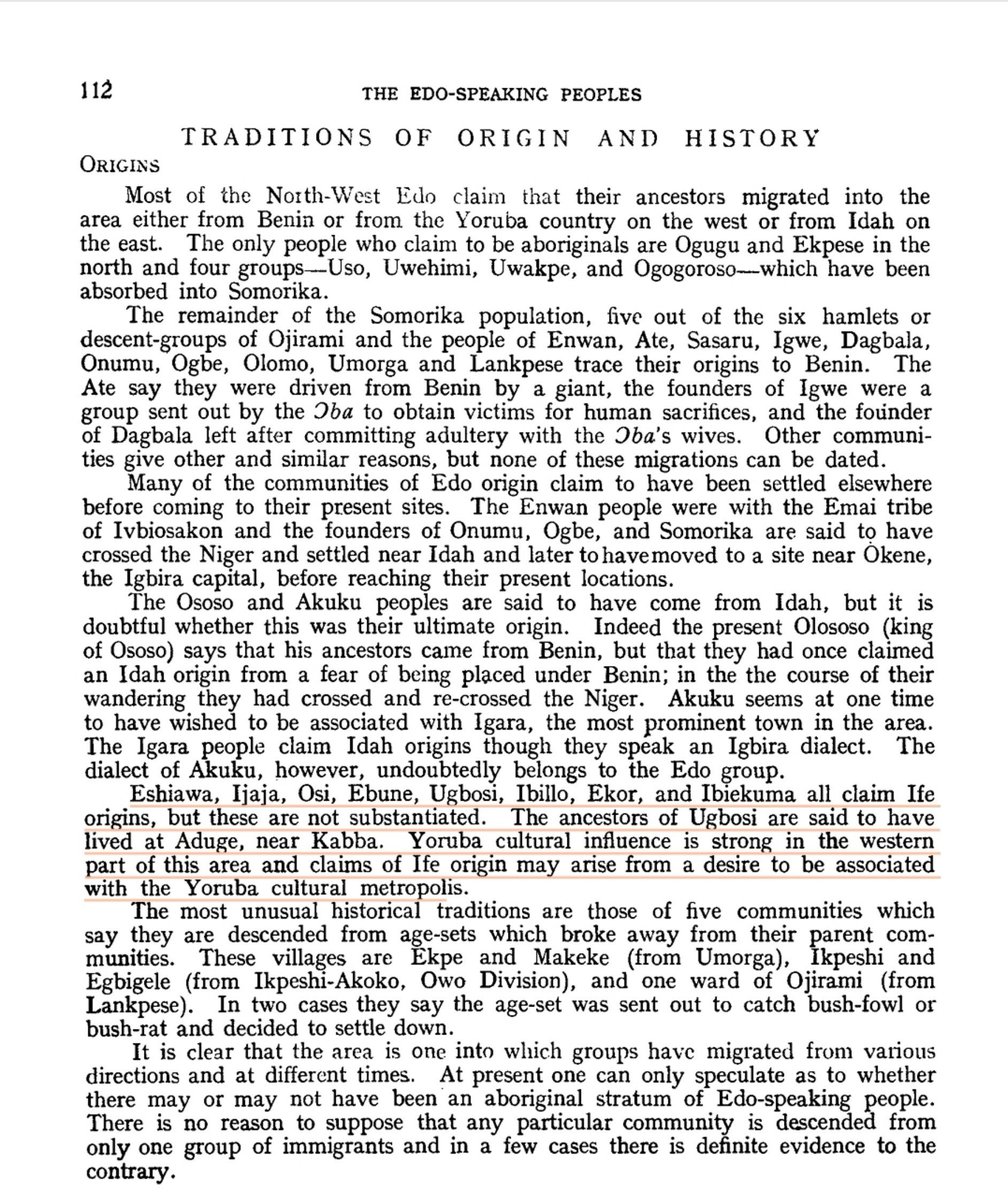 Edocentric_'s tweet photo. Akoko èdó a unitary term used in referring to a group of segmented edoid group in the north western èdó region. This part remains one of the most dialectical segment territory occupied mainly by èdó speakers. 

Are Akoko ɛdo yorubiod or part of the larger yoruba ethnic group ? 

- Based on the willink parliamentary report,c.1958 it's noted that the akoko edo people are collection of tribes that though they might speak yoruba as an influencing language are not yorubas or yoruba speaking people, each tribe or group within the akoko èdó territory have their own dialect which is under the èdóid language... 'frame1'

The term Akoko Èdó is however derived from two èdó words → Akókó èdó → 
akókó (rt) - kó ~ to gather.
A double kókó acting as an intensifying factor, before it eventually turns into a noun →  Akókó - the act of gathering segmented part together 
Èdó - the èdó tribe..
-→ Akókó èdó - a gathering of clusters of èdó speaking people. 

There are also Igarra people in the territory who speak an Ethnographic dialect, the only none èdó group in the region.

`,Thomas Northcote Anthropology Research 1909-1913 also shed more lights on the èdó speakers and their reach, based on his map entirely on the èdó groups. 
Areas like Isua, Epinmi, Ipele in akoko Ondo were once part of the larger edo areas in the region, hence this areas were and still entered as èdó speaking group in Ondo state. 

',In R.E Bradbury Benin Kingdom and the Edo speaking people,c.1957 
The following fact was stated, Akókó èdó people are an èdó speaking group, very different from the akoko ondo, to further tell them apart he opted to use the term 'North western edo' instead of just akoko edo. 
- he also noted 28 autonomous edo group makes up the èdó speaking group in akoko èdó with igarra being the only exclusion. 

Every documents that ever left Akókó Èdó recorded as èdó speaking group, it's high time we left gnorance and learn, Akókó Èdó are not yoruba or a yorubiod speaking group.