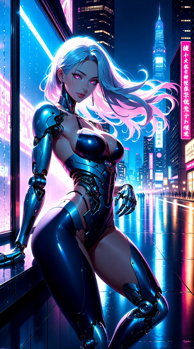 HiniKamose's tweet photo. "She stands pressed against the glass as if the world’s humidity could cool her circuits." https://t.co/77YQ85OrqV
