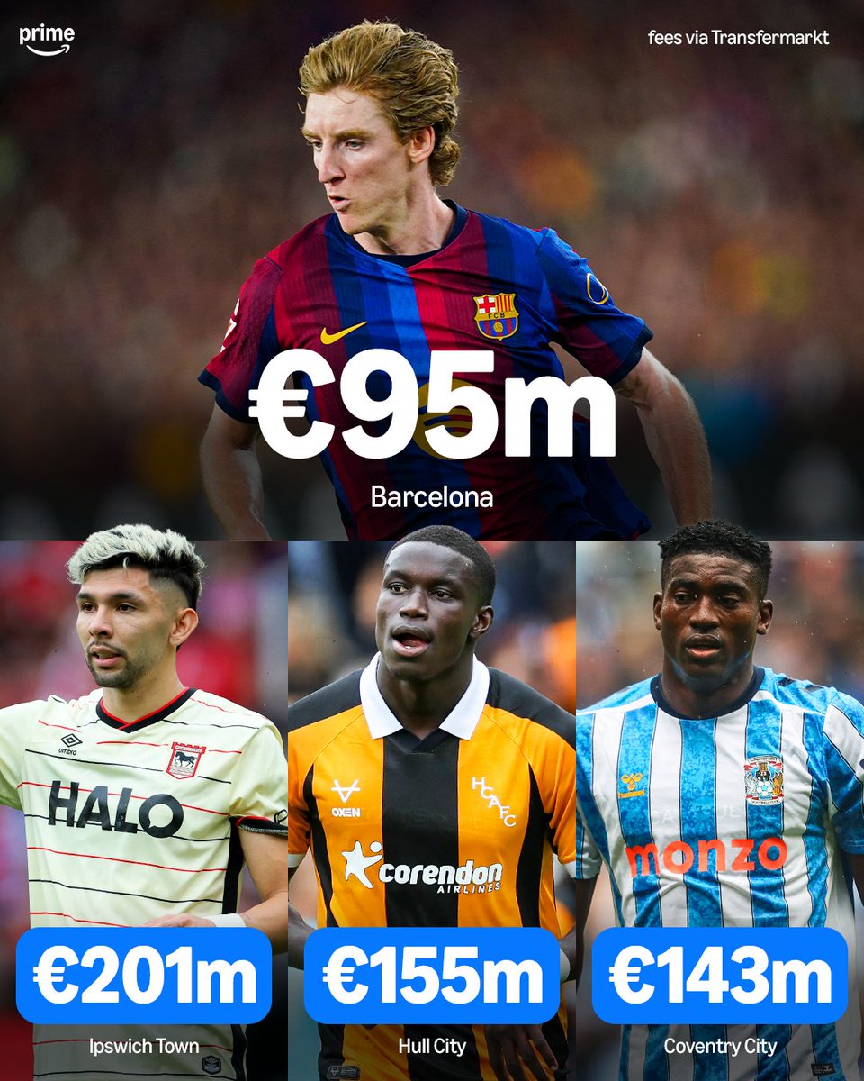 primevideosport's tweet photo. All three promoted sides in the Premier League had a higher net spend than Barcelona this summer 🤯📈 https://t.co/hTABdwjrrK