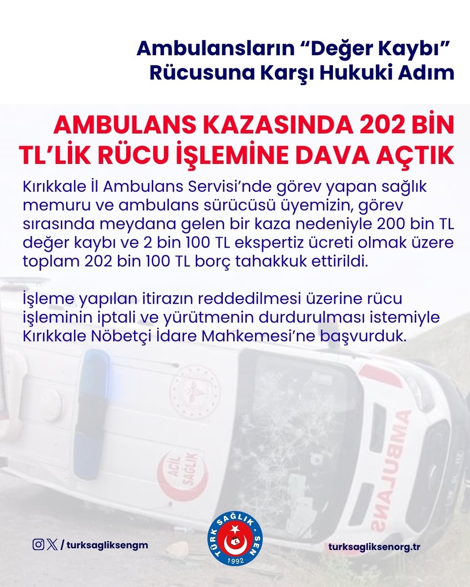 turksagliksengm's tweet photo. Ambulansların “Değer Kaybı” Rücusuna Karşı Mücadelemiz Sürüyor.

Bakanlığa başvurumuzun ardından ambulans kazasında 202 bin TL’lik rücu işlemine dava açtık.
Ayrıntılar: https://t.co/8VwwnwVHKS https://t.co/ybyz5z6rM5
