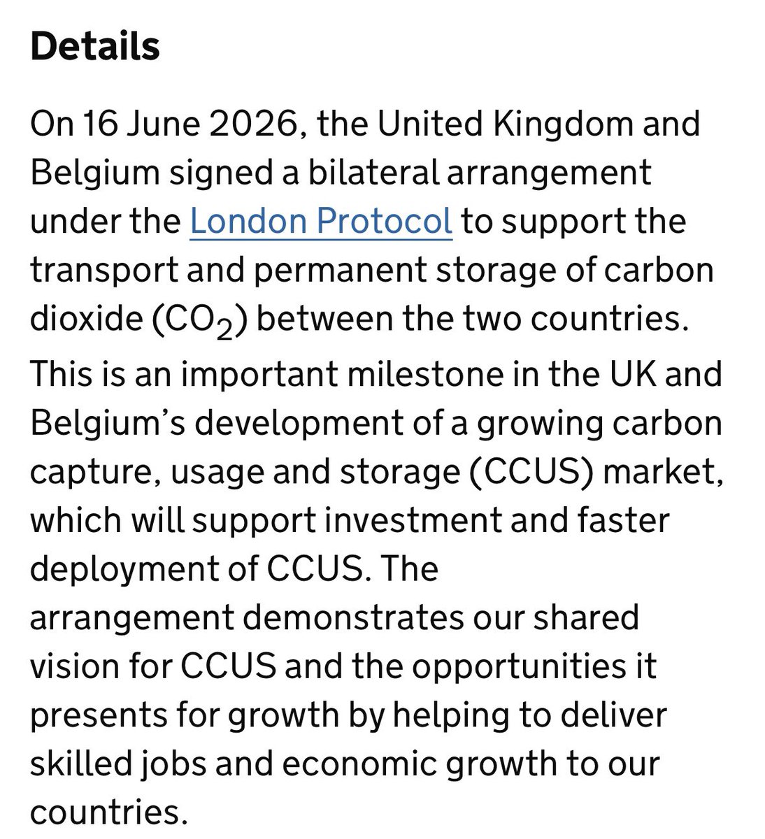 JamesMelville's tweet photo. The UK government and Belgium have signed a bilateral arrangement under the London Protocol to support the transport and permanent storage of carbon dioxide between the two countries. 

Instead of wasting gargantuan sums of taxpayers money on this, plant trees, restore land. Stop paying billions to move waste gas from one country to another and call it progress. If the aim is to take carbon out of the air, do the cheap, beautiful, proven, visible thing: Plant trees. 

Instead, governments are building a cross-border carbon corporation pipeline for failure: capture it, ship it, bury it, subsidise it, and congratulate themselves. The bill will land on taxpayers. The benefit will land on consultants, contractors and corporations who receive our tax money under the guise of net zero.