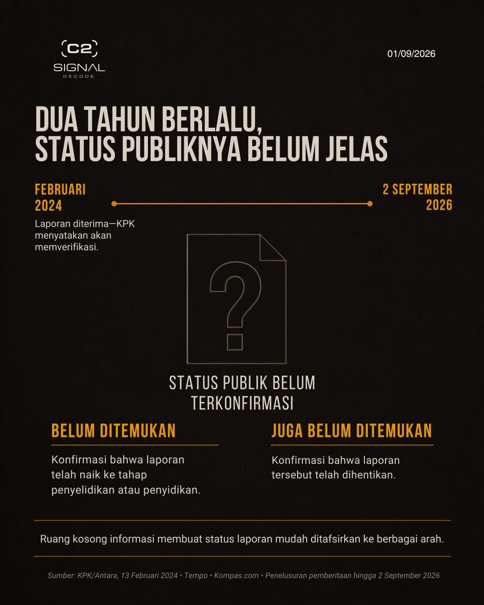 signal__decode's tweet photo. Lalu, bagaimana status laporan tersebut? Swipe sampai akhir.
#SignalDecode #Mirage20005 #KPK #Korupsi #Kemenhan https://t.co/qkI3efrmod