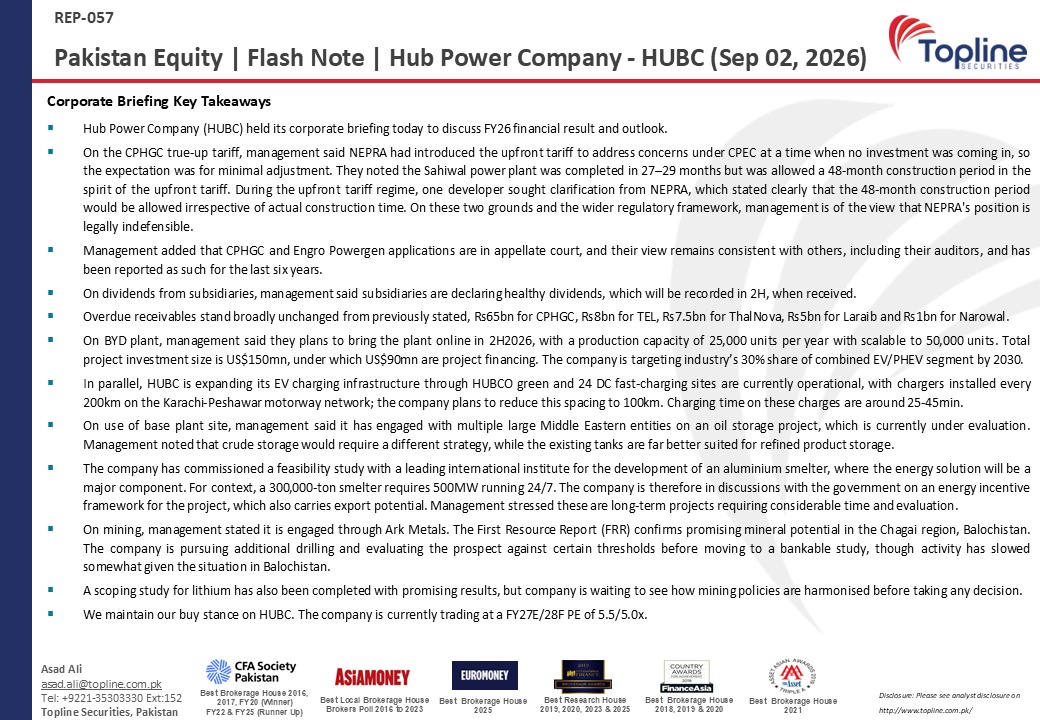 toplinesec's tweet photo. Hub Power Company (HUBC) - Corporate Briefing Key Takeaways
(Sep 02, 2026)
#HUBC #Power #Briefing #Pakistan #Topline #Corporate https://t.co/vVW7khVoOc