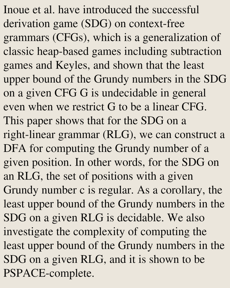 FormalLanguages's tweet photo. Construction of a DFA for Computing Grundy Numbers in the Successful Derivation Games on Right-Linear Grammars

Yoshiaki Takata, Yusuke Inoue, Hiroyuki Seki
https://t.co/ecCuwbBRDD [𝚌𝚜.𝙵𝙻 𝚌𝚜.𝙶𝚃] https://t.co/HuL1lzEQU0
