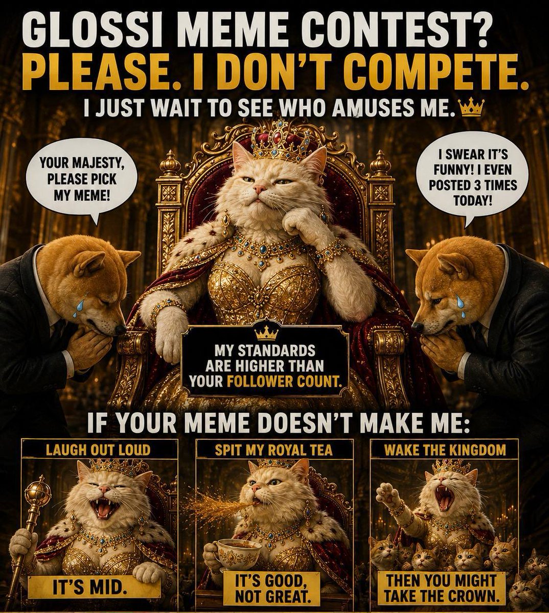 Megavibe7's tweet photo. They begged for a pick, but the Queen said “prove it.” They brought their best memes, but she still said “improve it.” 😭
Make her laugh, make her tea spill,
Or wake the whole kingdom with your meme skill. 👑🔥
High standards. One crown. Who’s got the wit?
https://t.co/6Av9SPfAY2 https://t.co/6FgIIFBGQd