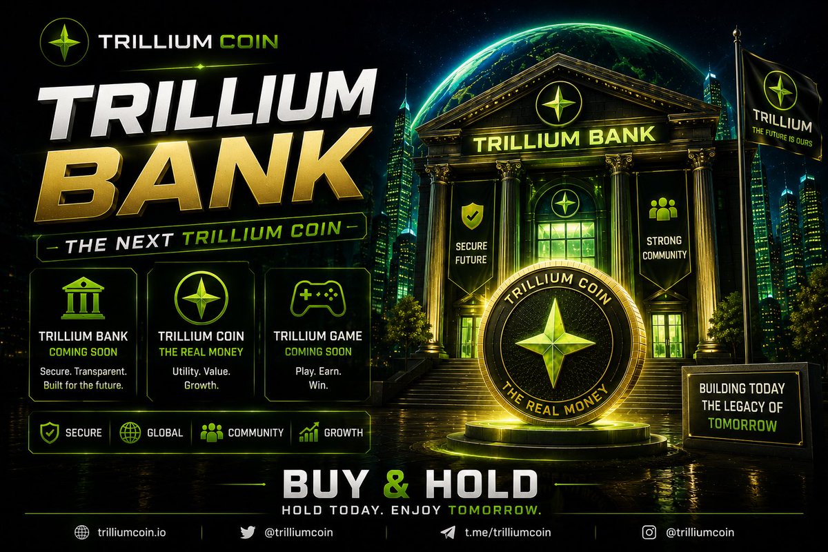 TrilliumCoin's tweet photo. 🏦🪙 TRILLIUM BANK — THE NEXT CHAPTER OF TRILLIUM COIN

The vision is getting bigger. 🌍
The ecosystem is expanding. 🚀

🏦 Trillium Bank
🎮 Trillium Game
🪙 Trillium Coin

One ecosystem. One vision

Stay tuned… the next chapter is coming. 🔥

 #Crypto #Web3 #ComingSoon https://t.co/snjey17vx9