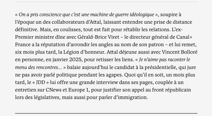 Alexlevrier's tweet photo. On comprend mieux pourquoi @GabrielAttal a fait la une du JDD, et pourquoi aucune loi sur la concentration des médias n'a été votée. Ces hommes (et ces femmes) qui se prosternent devant l'ogre Bolloré porteront une responsabilité immense devant l'histoire.
https://t.co/0NnSwuq8Bu https://t.co/AEvaqb4dpq