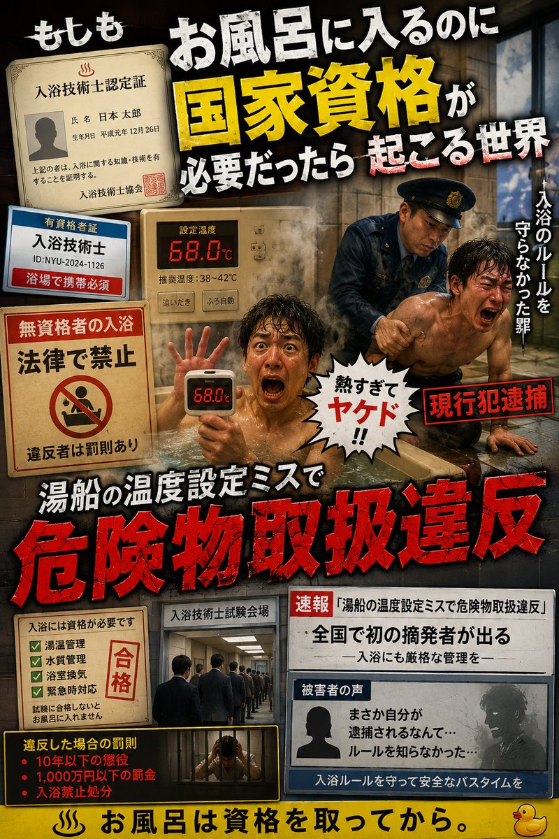 99mTc_gravity's tweet photo. 【もしもシリーズ投稿】
今日はお風呂入るのに国家資格いる世界のAI画像を投稿したよ〜　無資格者はお風呂に入れずに、温度上げすぎたら『危険物取扱違反』で逮捕されるよ〜　皆さんはこの世界で生きられますか？コメントで教えてください!
#もしもの世界 #AI画像 #お風呂 #パラレルワールド https://t.co/fiD55OqCMm