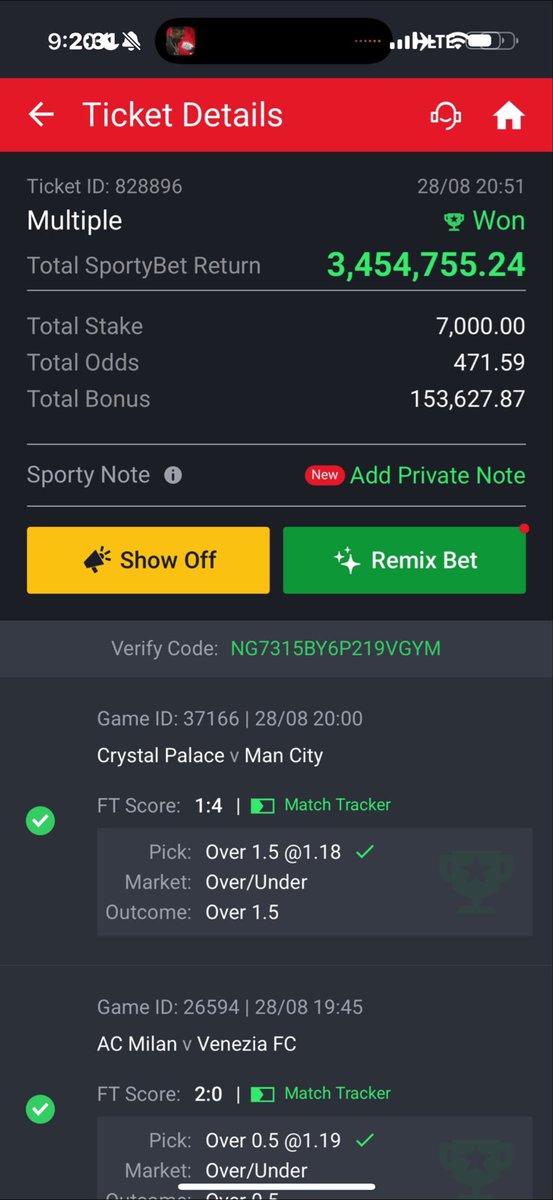 JustBelieveTips's tweet photo. Quote his post with this:
Read this breakdown. Then watch my videos.

@SportyBet @SportyBetNG same script.

A cashout on your app asks for confirmation.
Nobody confirms ₦0.10 on a winning ticket by accident.

Ticket 221320: won ticket settled at ₦0.10.
Support told him he cashed it out himself.
He said he did not.

Another customer: system shows ₦0.10.
After public drag you pay ₦3.4M.
He was looking at a much bigger figure, about ₦7M.
You still started with ₦0.10.

My account. 5 tickets forced.
Video 1 shows it.
₦0.10
₦0.20
₦0.27
₦0.60
Ticket 707307: ₦7,200 stake, 13,024 odds, ₦200,000,000 potential, settled ₦3,565.99.

I did not tap those cashouts.

Same code I posted:
₦500 stake saw about ₦1.4M cashout.
₦5,000 stake saw about ₦10.7M cashout.
The person who booked the original ticket got kobo.

You replied late.
You hung up on customers.
You say “you initiated cashout.”

This is why people should not trust this bookie with their money.
Weekend glitch. Daily glitch. Forced cashout.

Boycott SportyBet.
Compensate ticket 707307.
I am done with this bookie.

#SportyBetFraud #ScamBookieNigeria #BoycottSportyBet #Compensate707307
