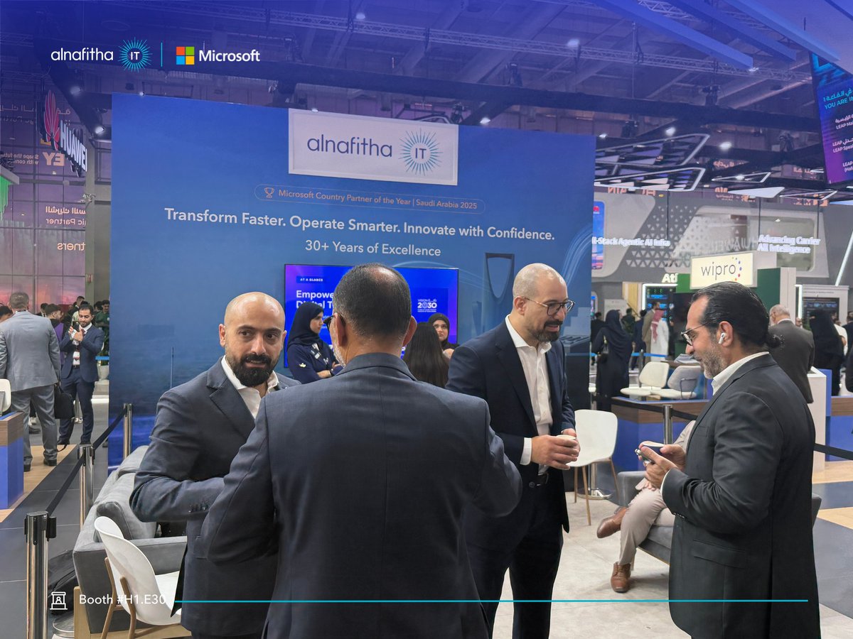 alnafitha_it's tweet photo. Entering our third day at the @Microsoft_Saudi  Hub, the conversations keep getting better. 

Real questions on AI and security, turning into real outcomes. One day left!

📍 Hall 1, Booth E30

#LEAP2026 #AlnafithaIT #MicrosoftAI https://t.co/UuKIamNvqO