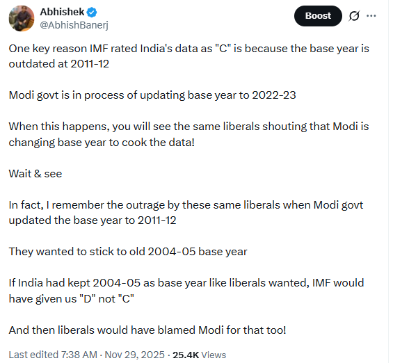 AbhishBanerj's tweet photo. I had predicted this in November last year

Back when critics were screaming that IMF has given "C" to India's data

IMF wanted India to update GDP base year

I told you that after India rebases the GDP year, liberals will accuse Modi of using it to show higher GDP! https://t.co/J50ZKXsiuP