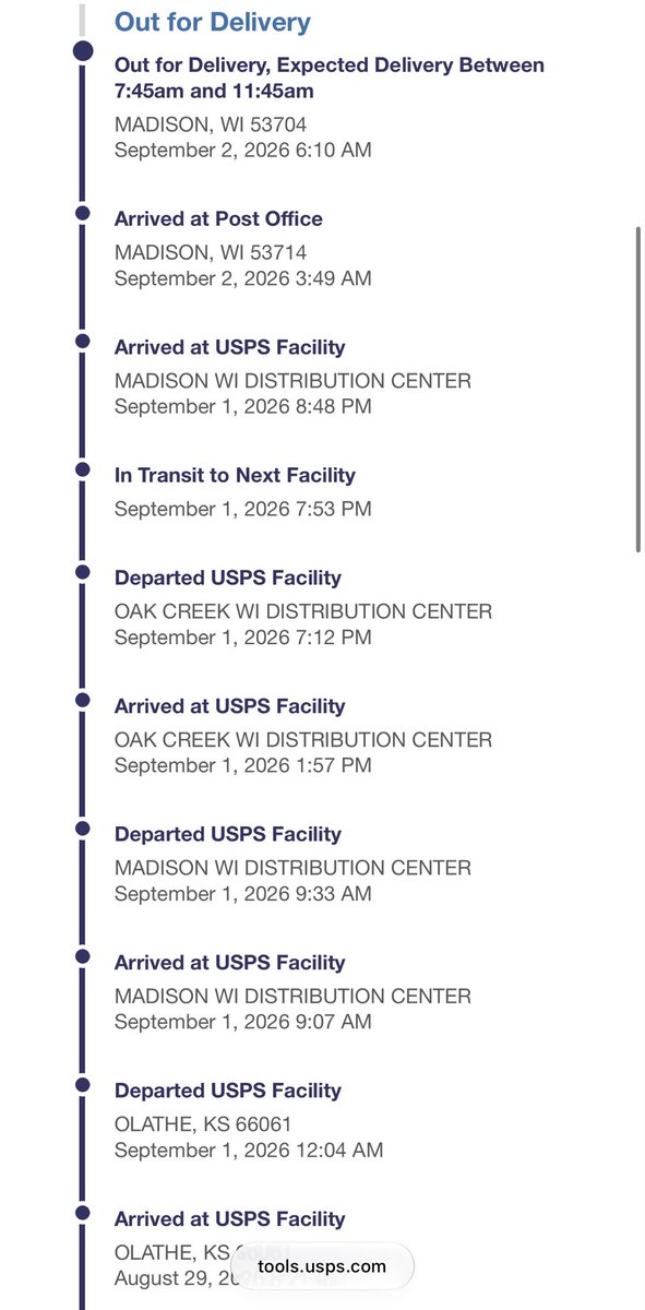 OfficialAvonte's tweet photo. Boy I tell ya, the @USPS is the shittiest of all delivery services. My first X money card ended up in the Brodhead, WI sort facility which I’ve never had happen, did not even know one existed there. I had to order a replacement and look at this, from Olathe, Kansas to Madison to MILWAUKEE, and now back to Madison 🤦🏾‍♂️. @XMoney please use UPS or FedEx, hell, use Amazon if you have to!