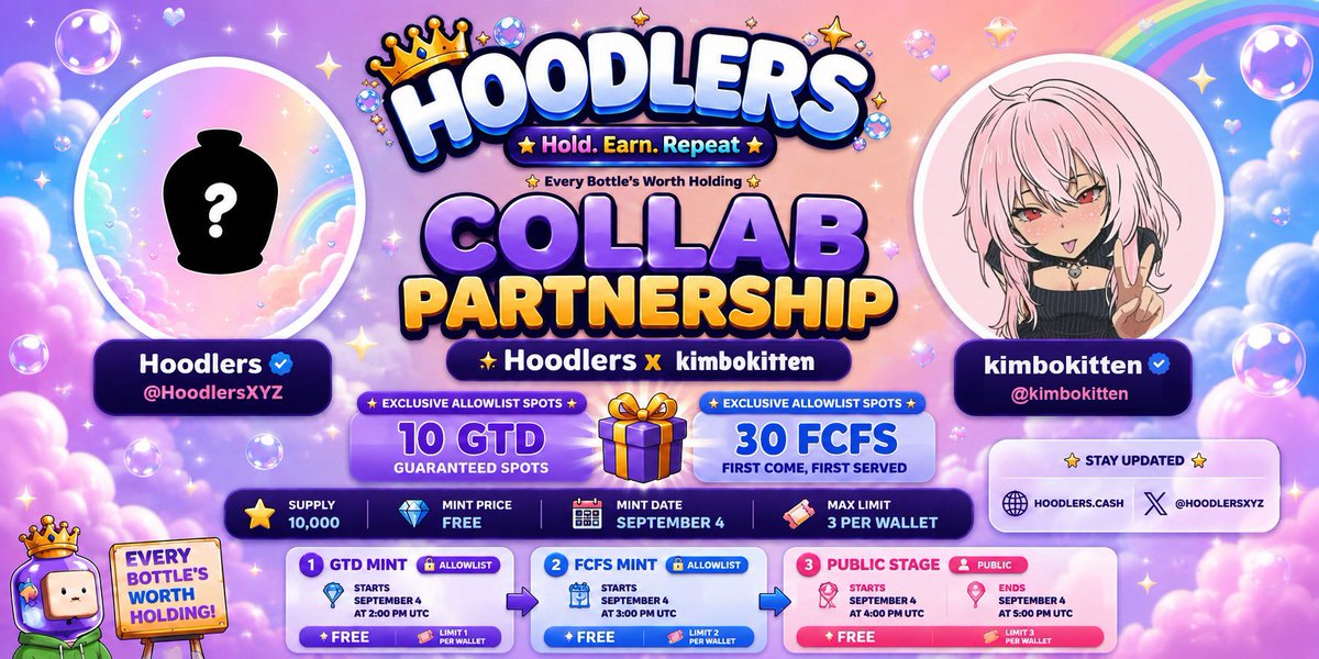 kimbokitten's tweet photo. 🎁 @kimbokitten × @HoodlersXYZ COLLAB GIVEAWAY 🎁

I’m teaming up with Hoodlers! 👑🫧

🔥 10 GTD spots
⚡ 30 FCFS spots
🆓 FREE MINT

To enter:
Follow @HoodlersXYZ + me
Like &amp; repost
Drop your wallet below 👇

⏰24h
Good luck! 🍀👑 https://t.co/9D1Mhds0pg