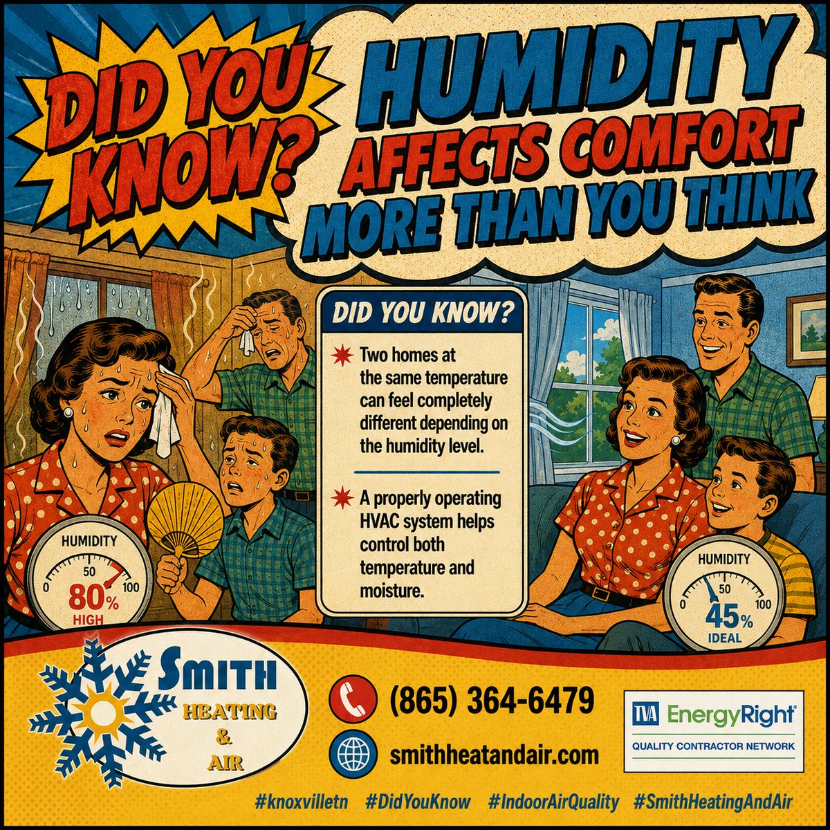 smithhvacknox's tweet photo. Two homes at the same temperature can feel completely different depending on the humidity level.  A properly operating HVAC system helps control both temperature and moisture.  📞 (865) 364-6479 🌐 https://t.co/xsVKNSyebx https://t.co/uu9DbrdHTb