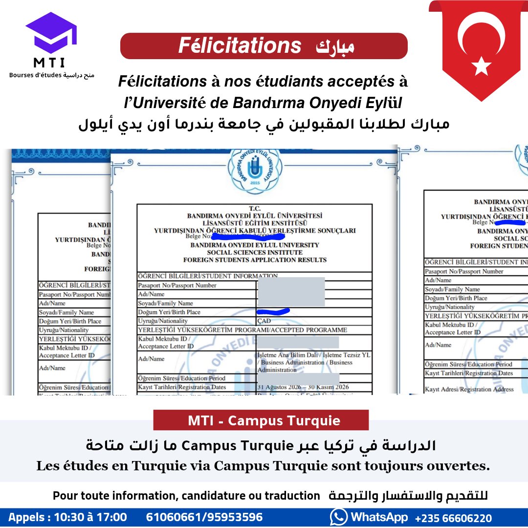 mti_td's tweet photo. 🎉 #مبارك | Félicitations 🌹🇹🇩✈️🇹🇷

نبارك لطلابنا المقبولين في جامعة بندرما أون يدي أيلول

Nous félicitons nos étudiants acceptés à l’Université de Bandırma Onyedi Eylül 🇹🇷 

#CampusTurquie #MTI #ÉtudierEnTurquie #الدراسة_في_تركيا #Turquie #Tchad https://t.co/0iFb0YqnLt