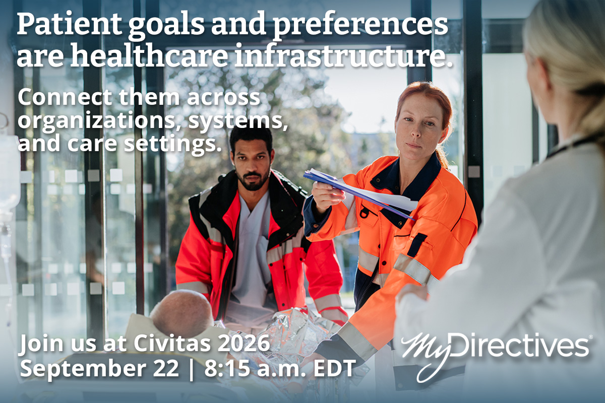 MyDirectives's tweet photo. Patient goals and preferences should be part of the information that moves with a person across the healthcare system.

When someone moves from EMS to the emergency department, from a hospital to post-acute care, or between healthcare organizations, critical information follows them. Advance care planning information should, too.

That means moving beyond paper, disconnected systems, and documents that can’t be found when they’re needed. It means treating a person’s goals, treatment preferences, healthcare agent information, advance directives, and portable medical orders as part of connected healthcare infrastructure.

That’s the conversation we’re bringing to the Civitas Networks for Health Annual Conference.

Join Scott Brown, President & CEO, and Mike Munoz, Chief Product Officer, on September 22 at 8:15 a.m. ET for Patient Goals and Preferences as Infrastructure, part of the Critical National, State, and Local Health Infrastructure Showcase. We’ll explore practical, scalable approaches to connecting this information across care settings and building statewide ACP ecosystems.

Attending Civitas? Visit us at Booth 116 or schedule time to meet with our team:
https://t.co/qrMndyL3AA

#Civitas2026 #KilltheClipboard #AdvanceCarePlanning #Interoperability #HealthInformationExchange #HealthIT
