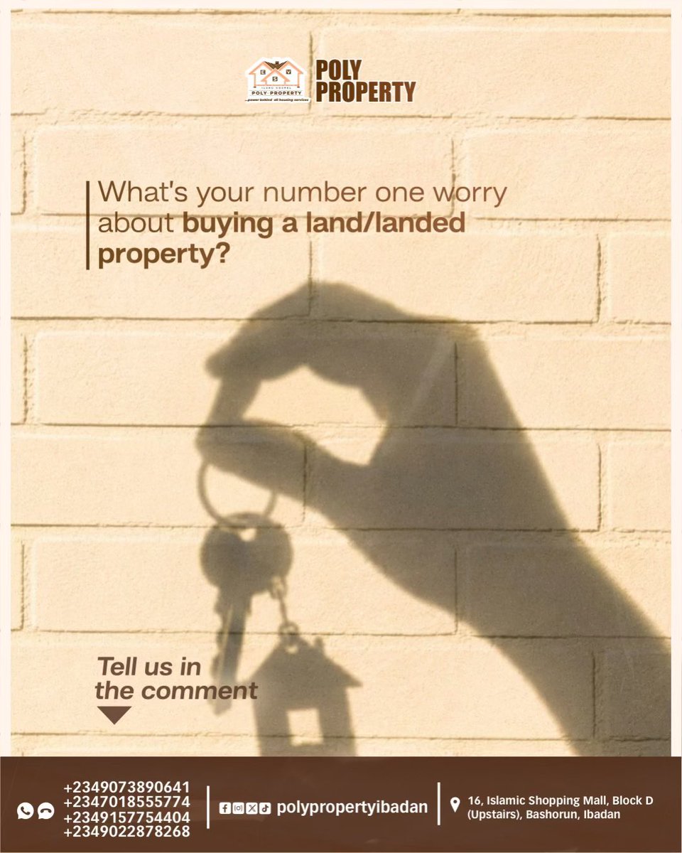 ibadanrealtor's tweet photo. 👷♂️Buying a land or landed property? 🏡
What’s your biggest worry before making that investment?
Share yours in the comments 👇🏽
Ready to buy or invest in property in Ibadan? Send us a DM.
#PolyProperty #IbadanRealEstate #IbadanProperty #RealEstateNigeria #PropertyInvestment https://t.co/Ag4R64cnqX