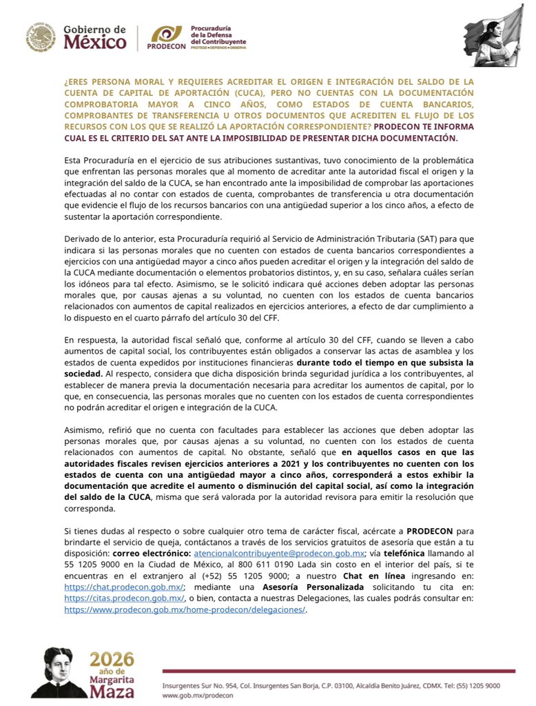 SergioEsquerra's tweet photo. 🚦Te piden acreditar la CUCA y ya no tienes estados de cuenta de hace más de 5 años? PRODECON informó el criterio del SAT: las actas de aumento de capital y los estados de cuenta deben conservarse mientras exista la sociedad. Sin esos documentos, en principio no se acredita el origen ni la integración del saldo. Hay un matiz: si revisan ejercicios anteriores a 2021, puedes exhibir otra documentación. La autoridad la valorará.