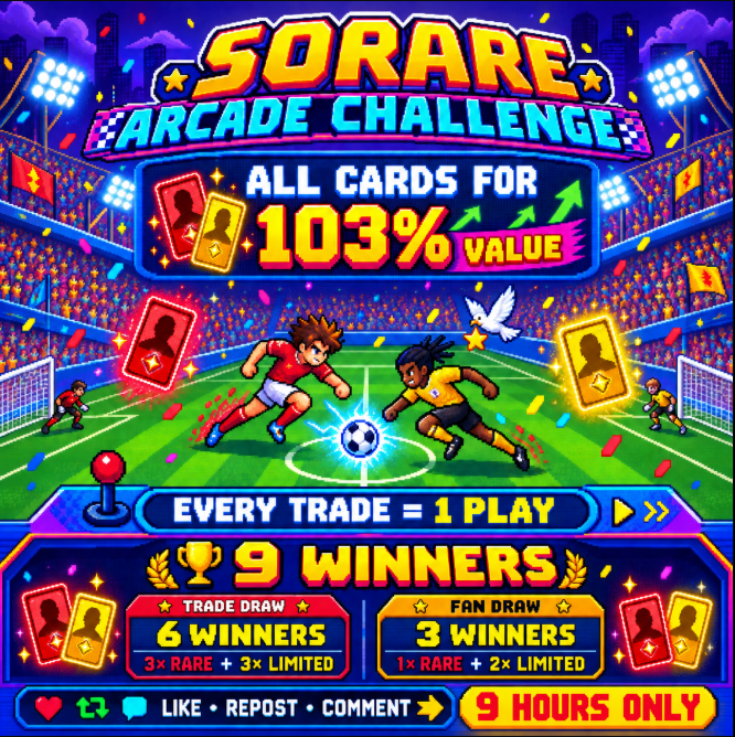PawelTrader_'s tweet photo. 🎮 SORARE ARCADE CHALLENGE 🎮

Trade for any of my cards at 103% value — every accepted trade gives you 1 entry!

🏆 9 WINNERS — all prizes are IN-SEASON cards
🔴 Trade Draw: 3× Rare + 3× Limited
🟡 Fan Draw: 1× Rare + 2× Limited

To enter the Fan Draw:
❤️ Like 🔁 Repost 💬 Comment your Sorare username
⏳ Only 9 hours — let’s play @Sorare  !