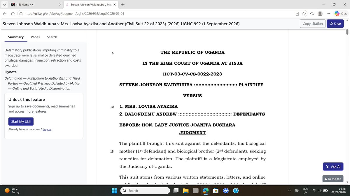 TumukundeTT's tweet photo. YOU CAN SUE YOUR OWN FAMILY FOR DEFAMATION.
The High Court in Jinja presided by Her Lordship Joanita Bushara has found that Magistrate Steven Johnson Waidhuuba was defamed by his own biological mother and brother.
The Court found that the statements, letters and publications made against the Magistrate were false and defamatory and awarded him UGX 20 million in general damages, with interest at 6% from the date of judgment until payment in full.
The Court further issued a permanent injunction restraining the defendants from republishing the defamatory allegations and ordered them to issue a written retraction and apology.
A significant judgment affirming that even family members cannot use false and defamatory allegations to destroy a person's reputation and professional integrity.