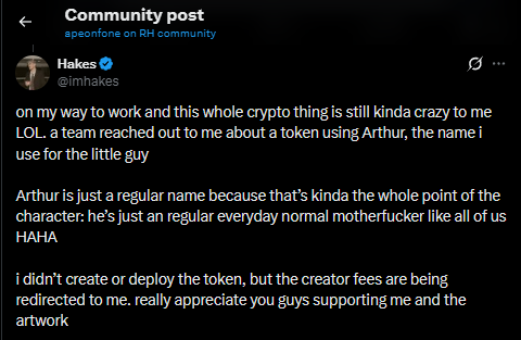 apeonfone_RH's tweet photo. currently helping with claim.

creator confirming arthur monkey name and posting/joining in X comms:
https://t.co/H0nY52MeAr

added CA to Instagram bio:
https://t.co/yeuCFrzXwn

proof of claim wallet:
https://t.co/WXR3UUDgca https://t.co/2oEfT19Nqj