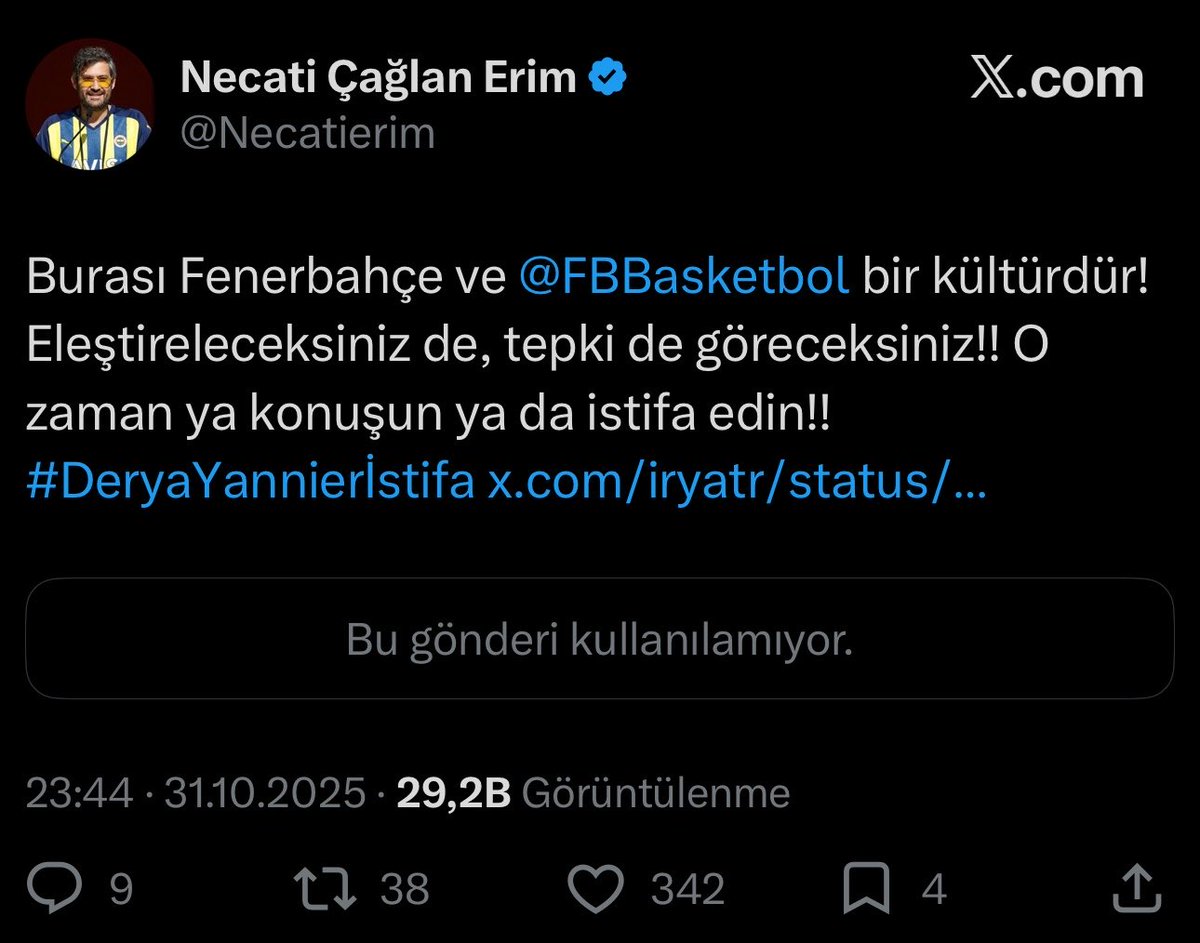 nikilauda1907's tweet photo. Necati’nin sevdiği kişilere istifa derseniz kötü niyetli bir hainsiniz.

AMA

Necati Eurolegue kazandıran kadroyu kuran Derya Yannier’e, seçime 1 ay kala Sadettin Saran’a, bir sene önce seçilmiş Ali Koç’a istifa diyebilir. Çünkü o Necati, her şeye hakkı var ama siz hainsiniz!! https://t.co/yMoQg6mg2m