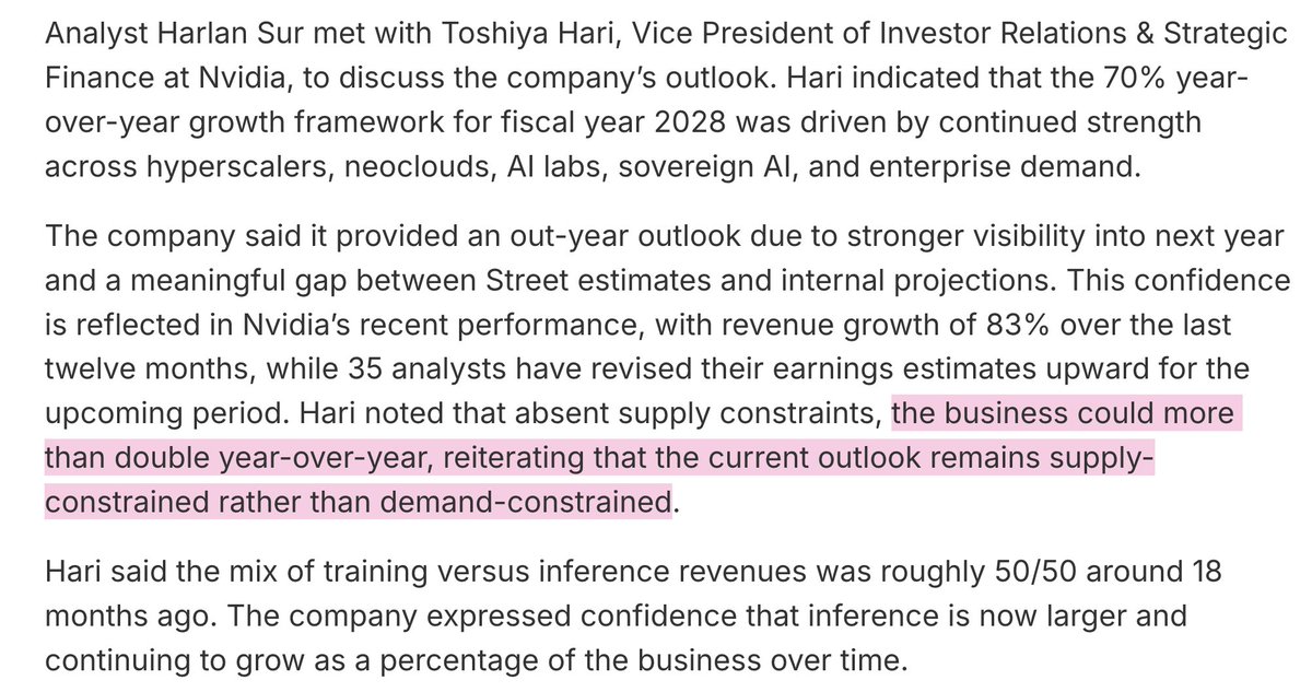 aleabitoreddit's tweet photo. $NVDA told JP Morgan... That their revenue could increase more than 100%+ Y/Y unconstrained.

But ended up giving a ~70% growth projection because that's what Nvidia believes they can supply. 

FY27 est: ~$401B revenue...
FY28: ~$682B at 70% or >$802B unconstrained.

- Nvidia IR said it gave the updated outlook because it had greater visibility + saw a meaningful gap between Street ests. and its own projections

- Inference is now larger than training after being roughly 50/50 about 18 months ago

I wonder if Nvidia will be the first $10T company... this growth is absurd.
