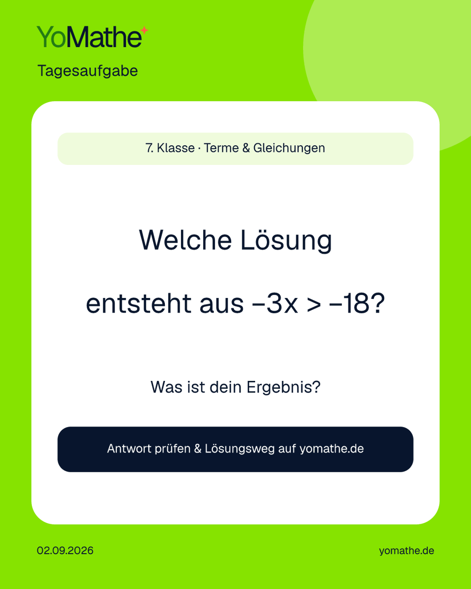 yomatheDE's tweet photo. 🧠 YoMathe-Tagesaufgabe

7. Klasse · Terme &amp; Gleichungen
Welche Lösung entsteht aus −3x > −18?

Was ist dein Ergebnis? 👇

Prüfen + Lösungsweg:
https://t.co/sAazQXYDiX

#Mathe #Realschule https://t.co/Wxw5vec3jv
