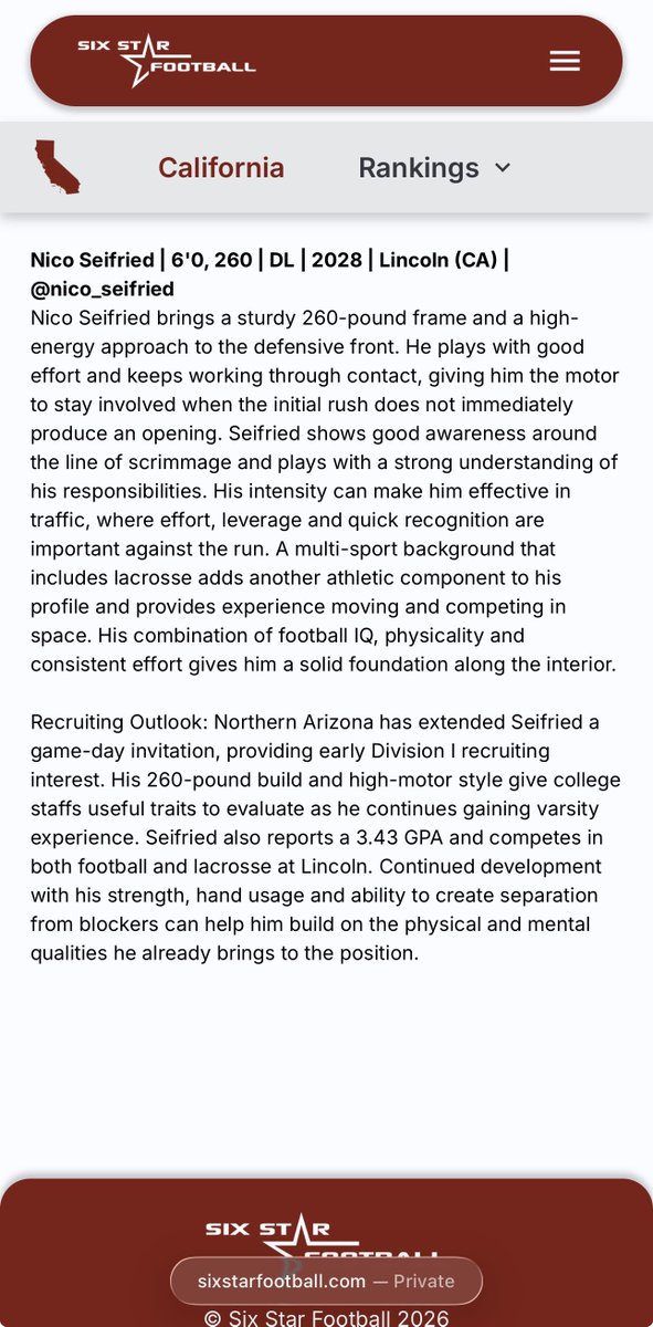 nico_seifried's tweet photo. Thank you @sixstarfootball for another great article. Very much appreciated!
@zebras_football @dlinevids1 @CoachBarnesBOLD @recruit916 @WCPSacramento @NPCoachZim https://t.co/I9tgitZhtv