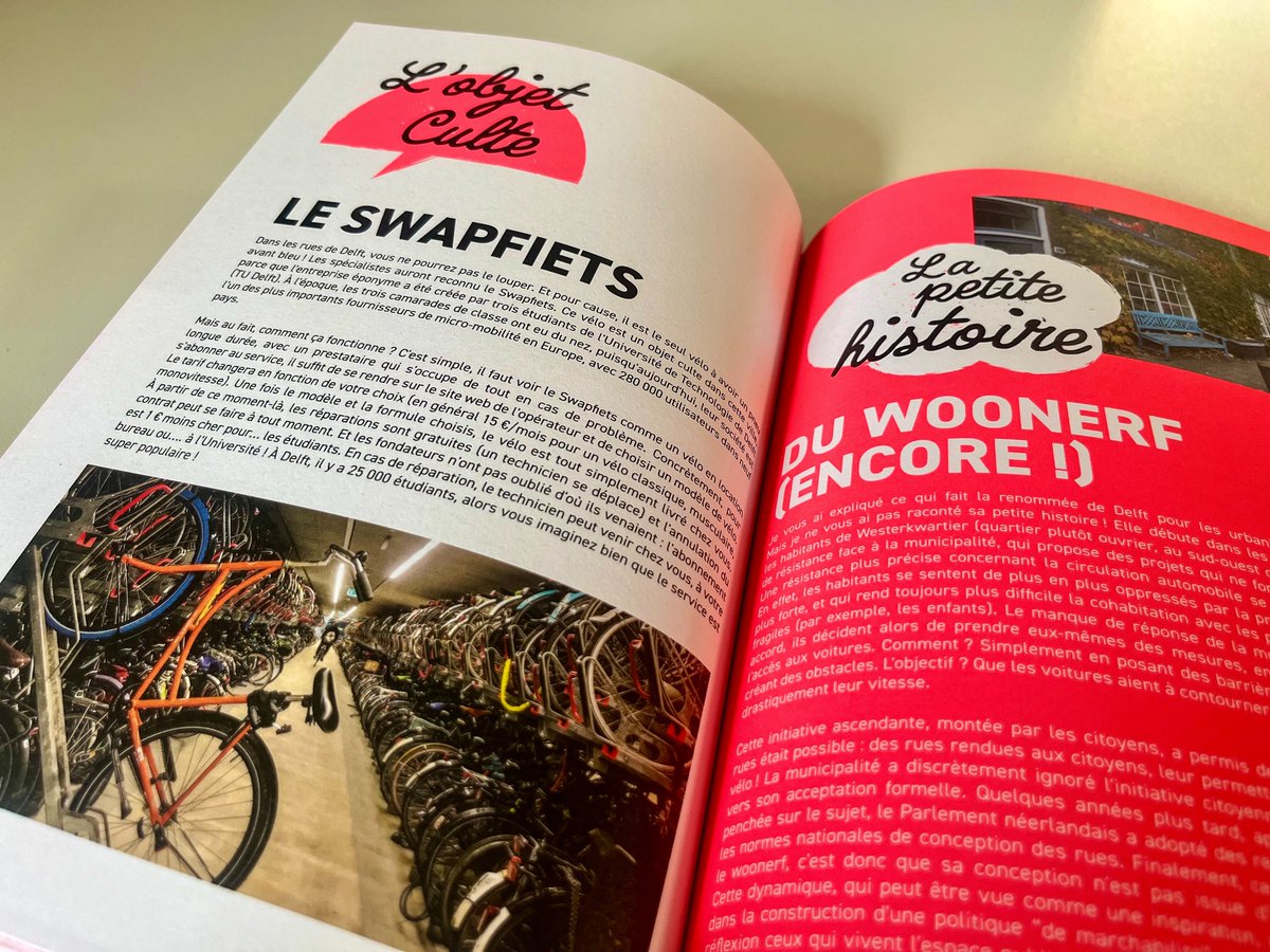 Photos of a book 'Tour du Monde des Mobilités et des Transports' which features words and photos about the city of Delft.