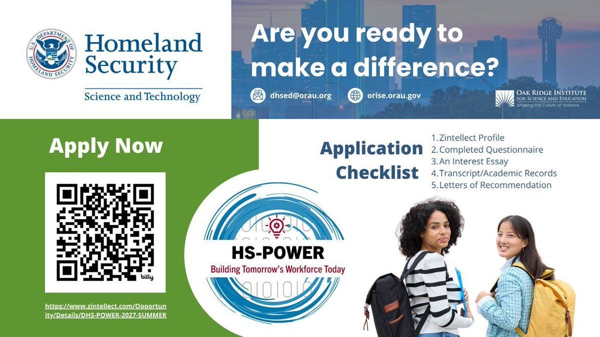 ExperienceORISE's tweet photo. The @dhsscitech #HSPOWER internship program is now accepting applications for summer 2027! 

HS-POWER connects #STEM college students with hands-on research opportunities at federal facilities nationwide.

📅 Deadline: Dec. 2, 2026

🔗 Apply today: https://t.co/Rkh3x8ZhTy https://t.co/wCkPpPugZE